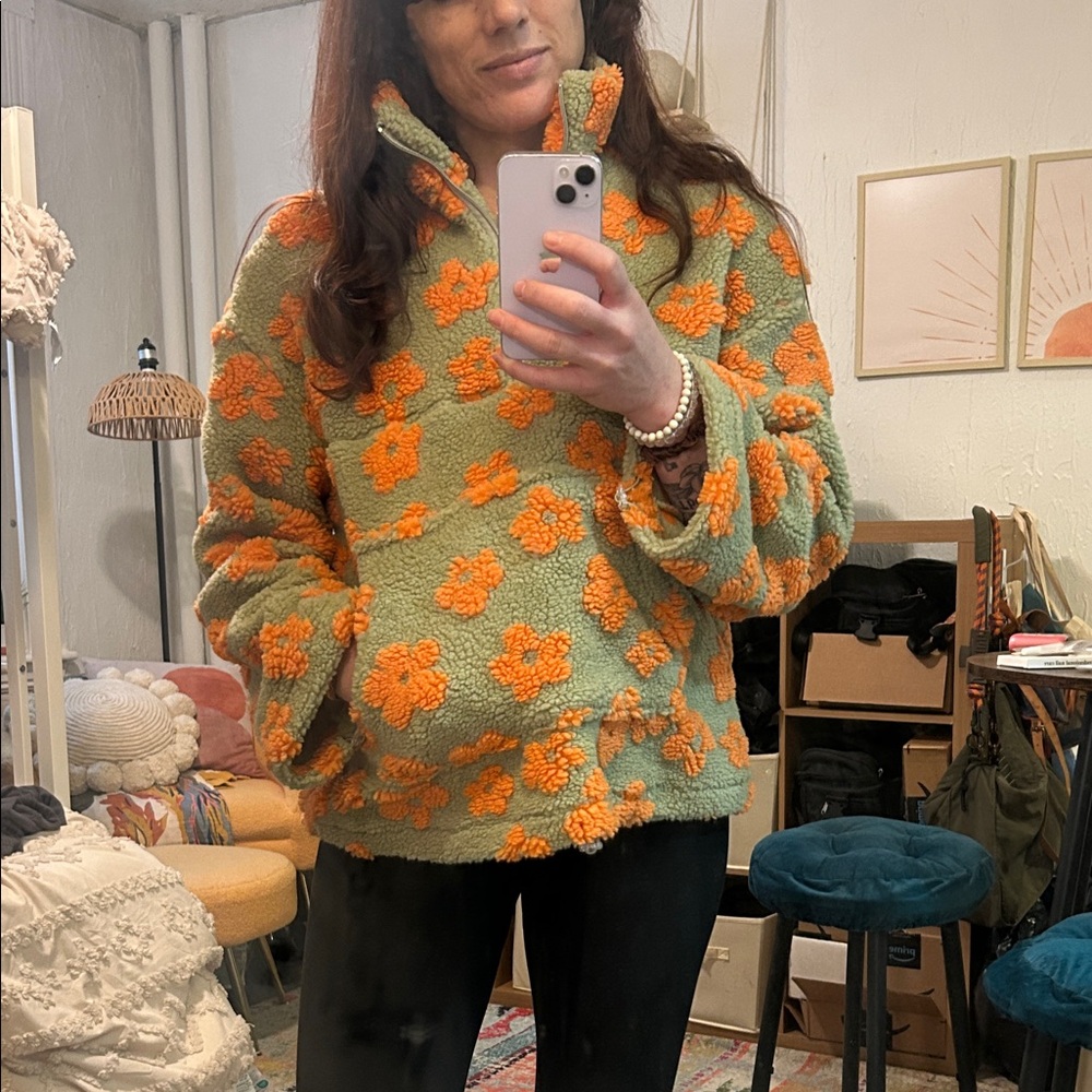 Floral Fleece Pullover Jacket - Green and Orange